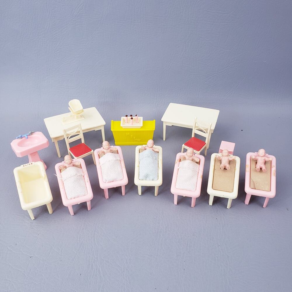 Vintage 1950s Renwal Dollhouse Hospital Nursery Set Lot Baby, Crib, Bottles
